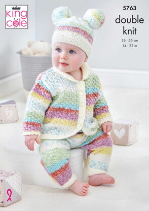 Onesie, Cardigan, Trousers and Hats Knitted in King Cole Baby Splash DK - 5763 - Downloadable PDF