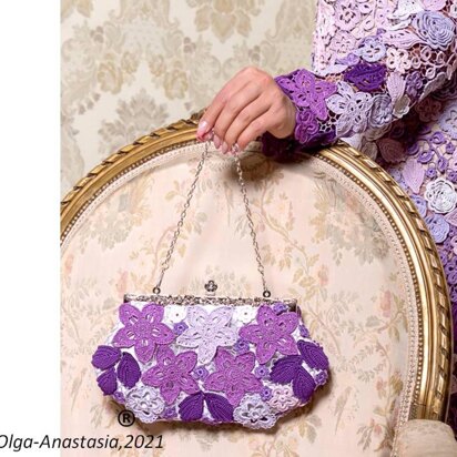 Evening bag purple with Irish crochet lace pattern