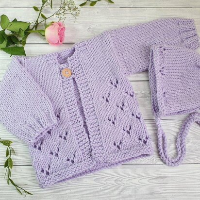 Eyelet Baby Cardigan and Bonnet Set 0-6 months