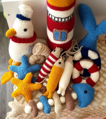 By The Sea Set Collection crochet amigurumi fishing net fish tail hanging lifebuoy lighthouse sardines seagull shell starfish