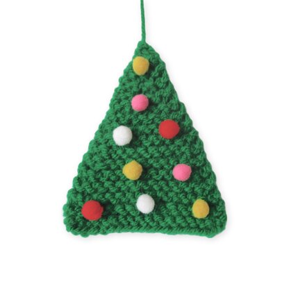 Vtg Green Macrame' Yarn Xmas Tree Wall Hanging Red Pom-Pom Balls Tinsel  (Aruba)