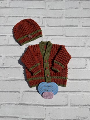 Autumn cardigan and hat baby knitting pattern 16 inch & 18 inch chest sizes