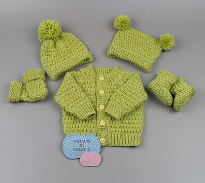 Calum Unisex Baby Knitting Pattern cardigan,hats, mitts and booties hats