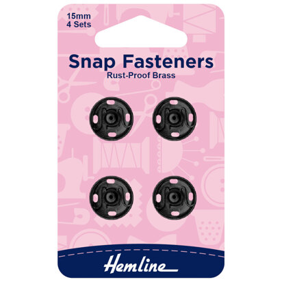 Hemline Snap Fasteners: Sew-on: Black: 15mm: Pack of 4