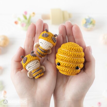 6-in-1 bee farm crochet pattern amigurumi by AradiyaToys mini kingdom beekeeper beehive basket of vegetables DIY handmade tutorial PDF file by AradiyaToys (Olka Novytska)