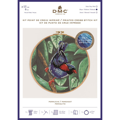 DMC Parakeet (printed fabric, 6" hoop) Cross Stitch Kit - 25cm x 25cm