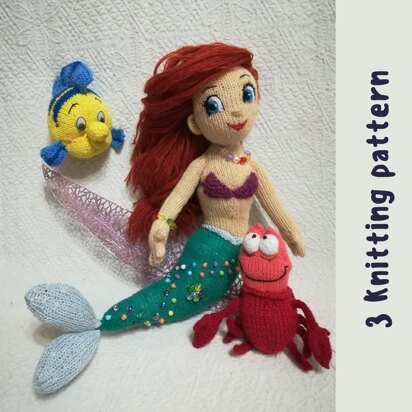 Toy knitting patterns The Little Mermaid doll, Crab Sebastian knitting, Flounder - knitting pattern