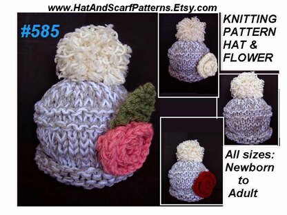 585 Knitted touque hat, flower, leaf, unisex,