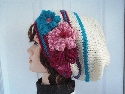 777 Knit Slouchy Hat and Flowers