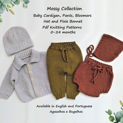 Kids Knitting Pattern | Mossy Baby Cardigan, Pants, Bloomers, Hat and Pixie Hat | Top Down Cardigan | 0-24 Months