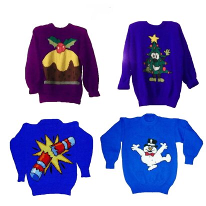 4 x Plus Size Christmas Jumper Knitting Patterns #8 Pudding Tree Cracker Snowman