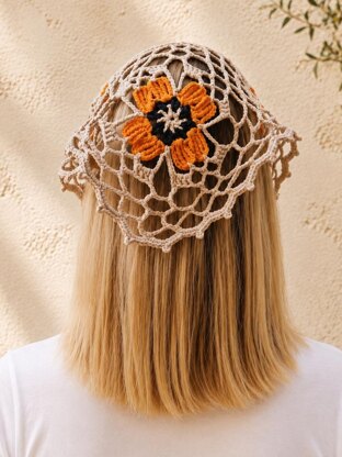 Boho Bandana with Floral Motif, Freeform Mesh and Filet Crochet Design (H8)