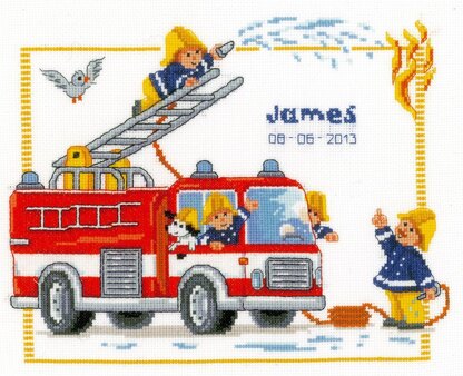 Vervaco Fire Brigade Birth Sampler Cross Stitch Kit - 29cm x 24cm