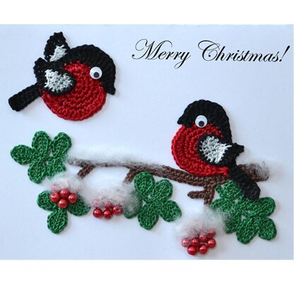 Robin embellishment. Crochet card topper. Bird applique. Robin on Rowan branch. Christmas decoration