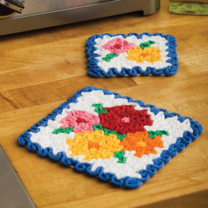 May Flowers Hot Pad & Coaster Set in Aunt Lydia's Classic Crochet Thread Size 10 Shaded and 10 Natural - LC2188