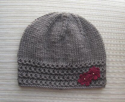 Taupe Hat with Crochet Flowers