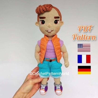 Alex Crochet doll boy pattern, amigurumi boy men pattern, PDF English, Français, Deutsch