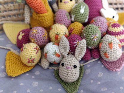 Easter Set Collection Rose and Peter Rabbit Bunny Bunnies, Easter Egg, Carrot Bunny and Embroider Eggs garland amigurumi set