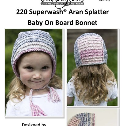 Splatter Baby On Board Bonnet in Cascade Yarns 220 Superwash® Aran - A215 - Free PDF