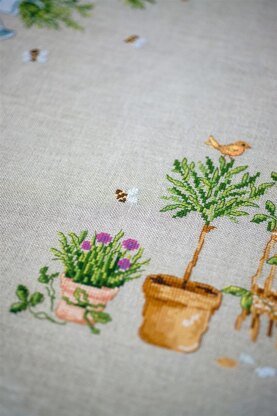 Vervaco Linen Tablecloth Garden Equipment Cross Stitch Kit - 80cm X 80cm/32in X 32in