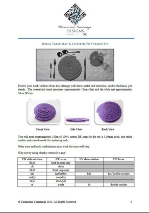Double Thick Place Mat and Coaster or Pot Stand