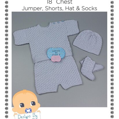 Harri Jumper, shorts, hat and socks baby knitting pattern 18" chest