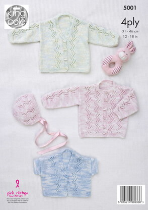 Cardigans and Bonnet in King Cole Giza Cotton Sorbet - 5001 - Downloadable PDF