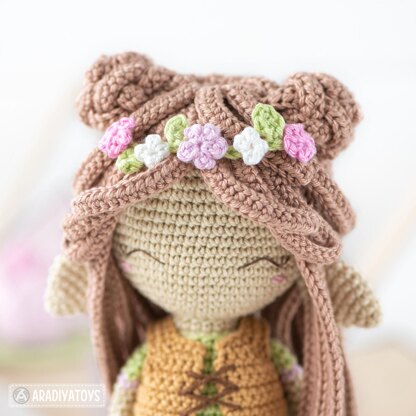 Amigurumi Crochet Doll Pattern LUNA with Kawaii Sprout by AradiyaToys (Olka Novytska) collection tutorial PDF file, elf crochet pattern doll dress fantasy kawaii