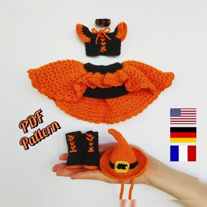 Crochet doll clothes pattern, Halloween outfit for Astrid, Amigurumi doll outfits pattern (English, Deutsch, Français)