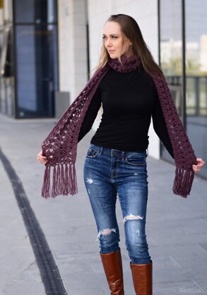 Aubergine crochet scarf with fringe