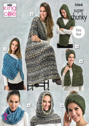 Textured Wrap, Lace Lap Blanket, Hooded Scarf, Cowl/Snood, Neck Knot/Head Knot & Ribbed Wrap in King Cole Gypsy Super Chunky - 5068pdf - Downloadable PDF