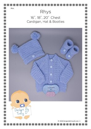Rhys Baby Cardigan, Hat & Booties knitting pattern Unisex 0-12mths