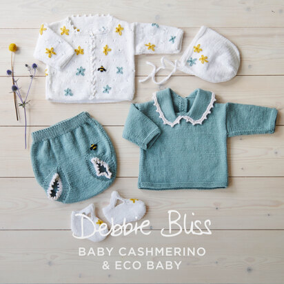 Flower Baby Jumper, Bloomers, Cardigan, Sandals & Bonnet Set - Knitting Pattern in Baby Cashmerino & Eco Baby by Debbie Bliss