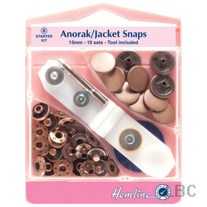 Hemline Anorak,Jacket Snaps Starter Kit, 15mm x 10 sets - Bronze