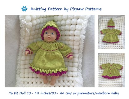 Double Frilled Dress and Hat (no. 102) for Doll, Premature or Newborn Baby
