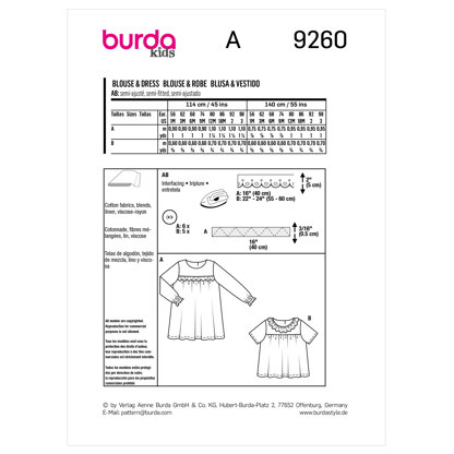 Burda Style Baby Dress / Blouse B9260 - Paper Pattern, Size 56 - 98