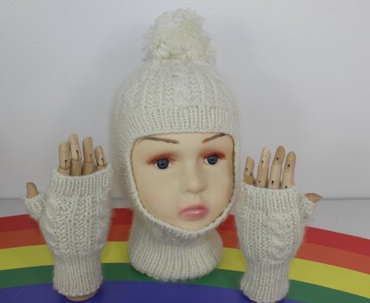 Toddler Child Aran Cable Bobble Balaclava & Gloves