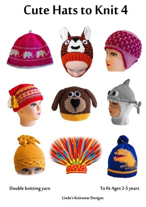 Cute hats to knit 4 - elephant, tiger, dog, dinosaur, shark, Nordic