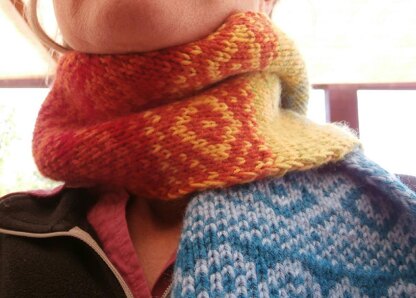 Rainbow double-knitted scarf and stranded colourwork hat