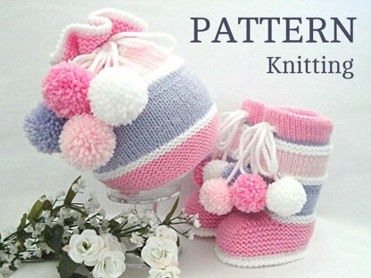 Knitting PATTERN Baby Hat Baby Booties Baby Set with Pompoms