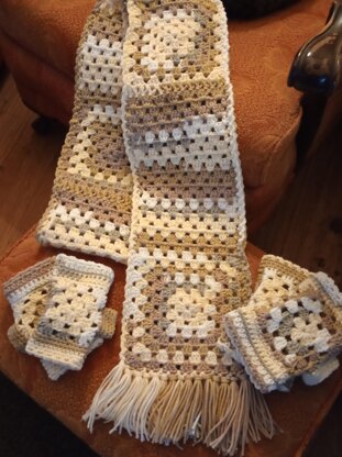 Granny Square Fingerless Gloves & Scarf Set