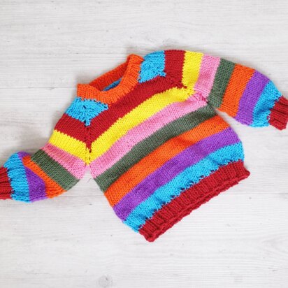 Baby Rainbow stripe top down jumper PDF knitting pattern, 0-2 years