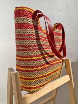 Crochet Raffia Beach Bag Pattern, Striped Tote with Leather Handles