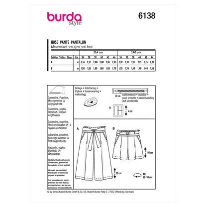 Burda Style Misses' Culottes, Trousers, Pants B6138 - Paper Pattern, Size 8-18