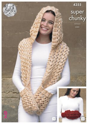 Hooded Scarf, Scarf, Snood, Slouchy Hat and Hand Warmer in King Cole Super Chunky - 4355 - Downloadable PDF