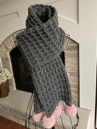Waffle Scarf with Poms