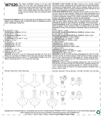 McCall's Gowns Stole Dresses Coats and Hat for 11Â« Doll M7520 - Paper Pattern Size One Size Only