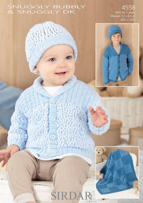 Shawl Collar Cardigan, Hat & Blanket in Sirdar Snuggly Bubbly DK and Snuggly DK - 4558 - Downloadable PDF