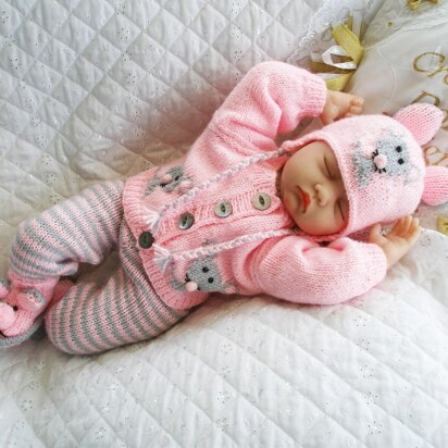Baby Doll Knitting pattern, Mouse motif, Cardigan, Leggings, Hat & Boots, 0-3 Month Baby, 17-22 inch Doll