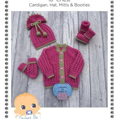 Ashe Baby cardigan, hat, booties & mitts knitting pattern newborn 16 inch chest.